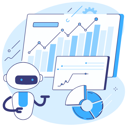 Illustration: KI-Roboter vor Datendiagrammen